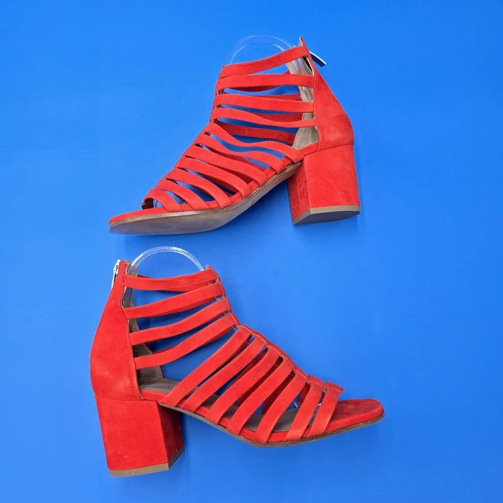 Janet & Janet Orange Suede Gladiator Block Heel Strappy Sandals 37 Made in Italy